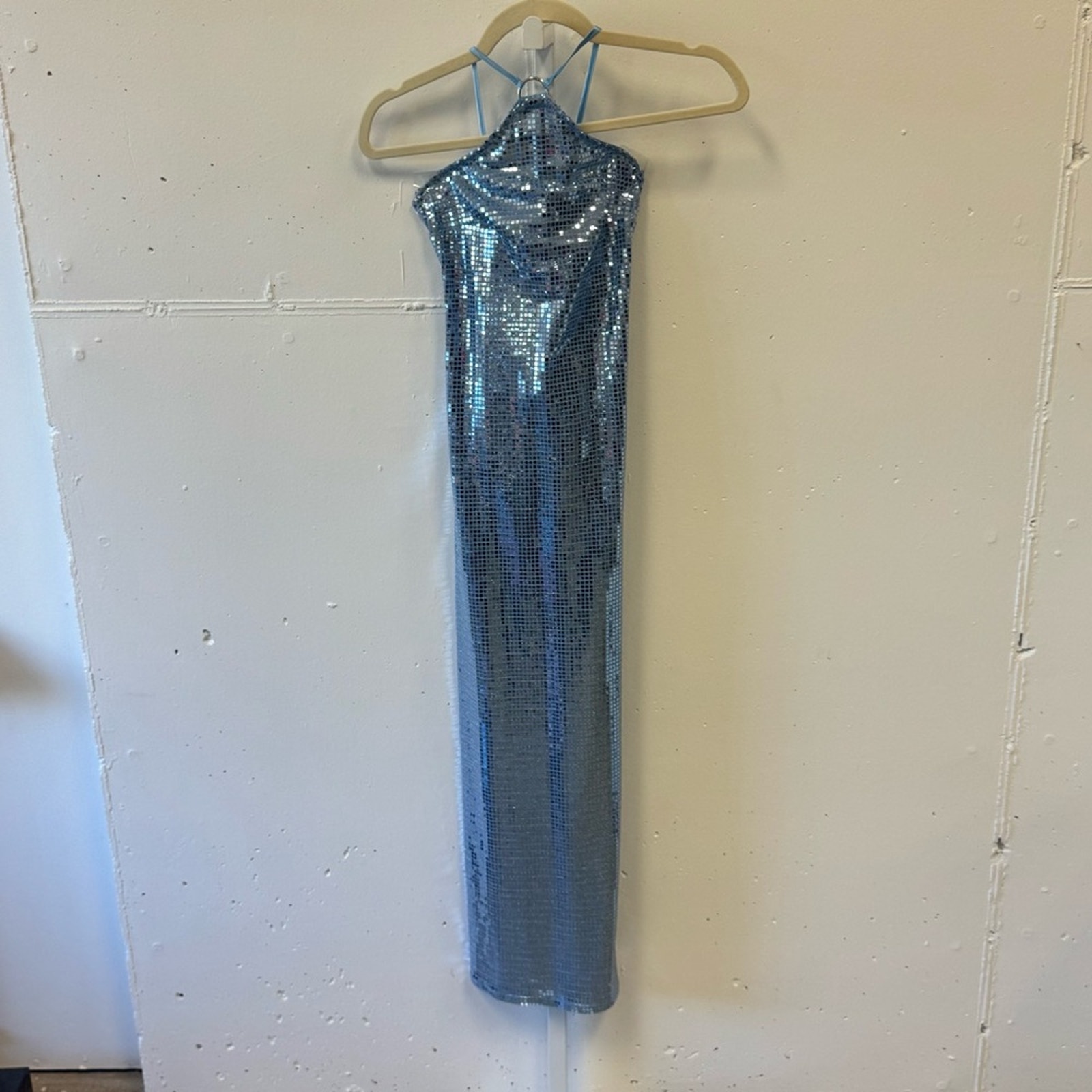 Nwt Hosbjerg Sequin Melina Halter Bodycon Midi Dress Winter Sky Blue Xs Stretch — image 2 of 8